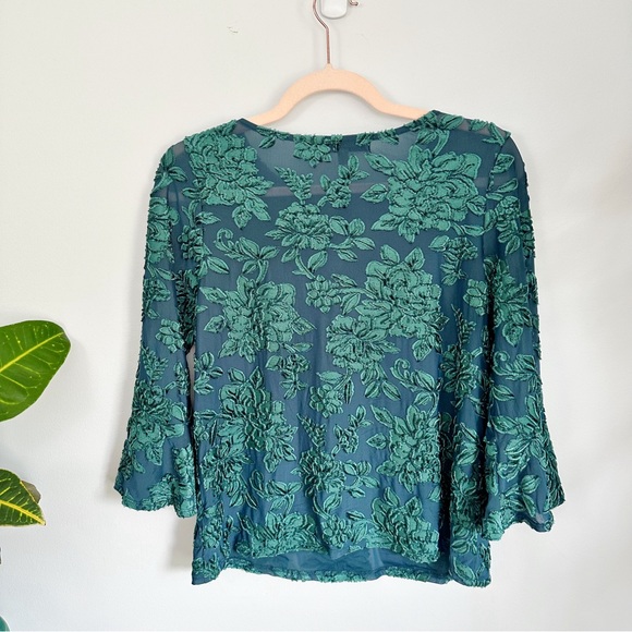 Emerald Teal 90’s Y2K Velvety Burnout Blouse, Flowy Sleeves, Whimsigoth - Picture 5 of 7